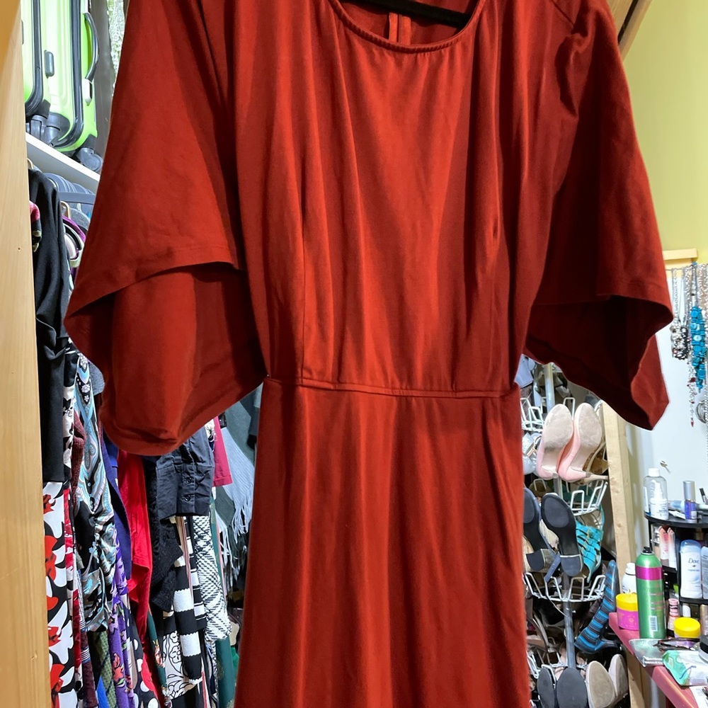 Custom made burnt orange midcalf dress with bat wing sleeve